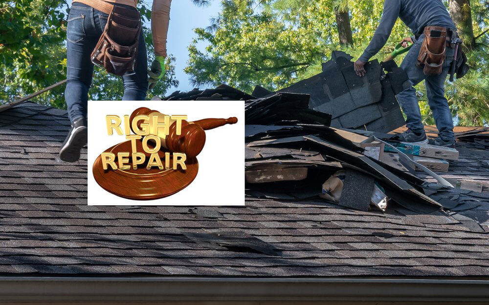 Workers repairing a roof with shingles